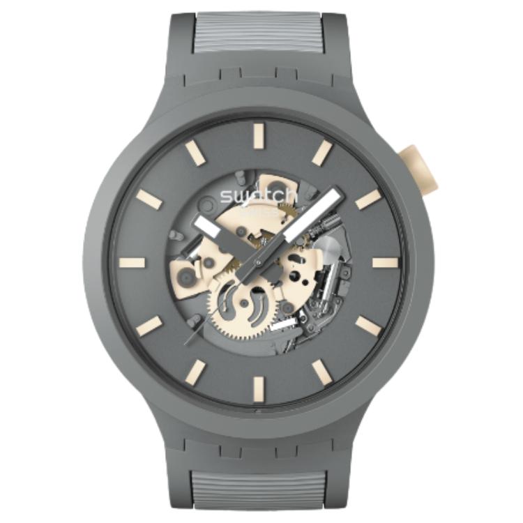 Swatch Мужские часы с кварцевым механизмом, водонепроницаемость 30 метров, швейцарские часы, 47 мм, скелетонизированный циферблат, корпус из биоисточника, силиконовый ремешок SB05M102