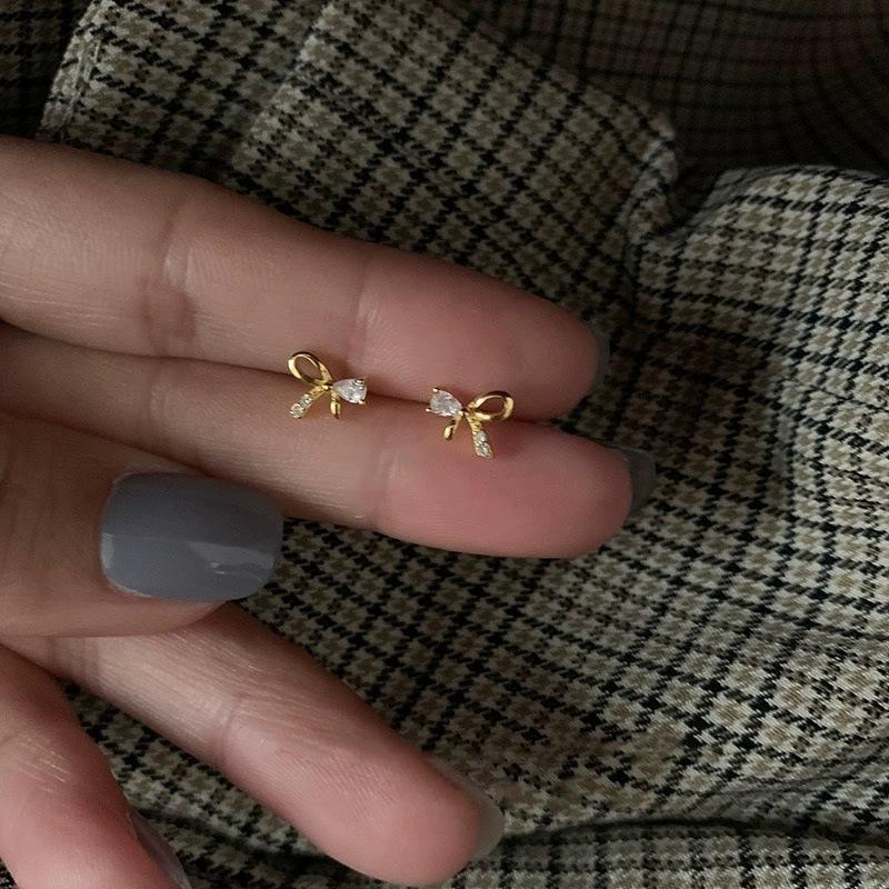 S925 Sterling Silver Bow Diamond Stud Earrings for Women Special-Interest Design High-Grade Delicate Earrings Anti-Allergy