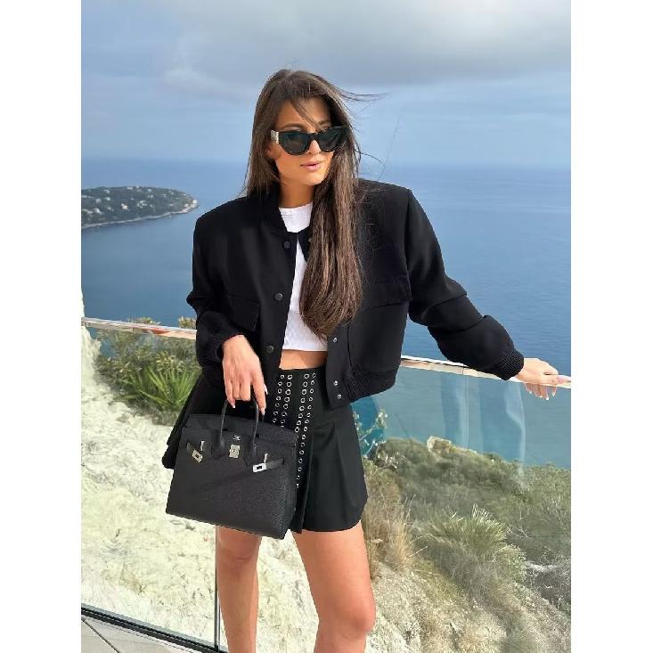 2025 Spring and Autumn New European and American Stand Collar Large Pocket Women's Jacket