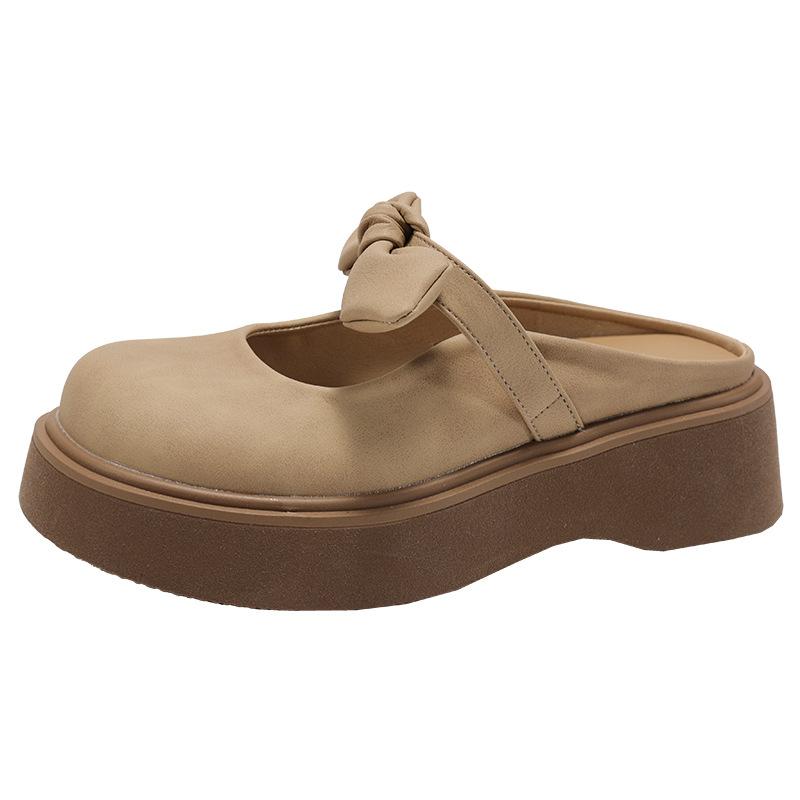 Тапочки-мешки с толстой подошвой и бантом в стиле ретро для женщин, летняя одежда 2025 года, новые полутапочки Мэри Джейн с одной педалью