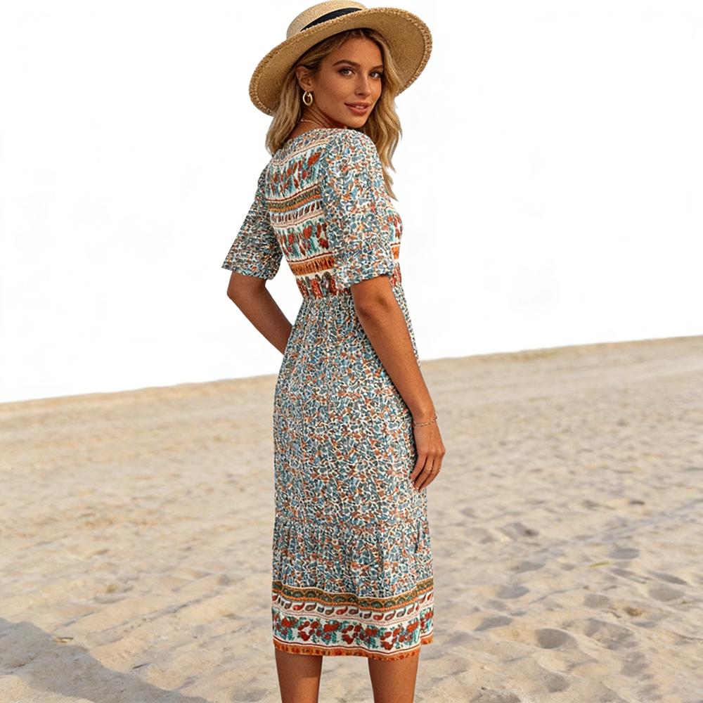 Женское богемное платье-миди с принтом, с коротким рукавом, свободного кроя, элегантное, для улицы, на каждый день