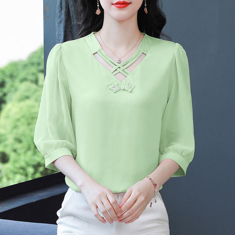 Women's Summer Shirts Fashionable and Western Design with Seven Sleeve Chiffon Style Small Top