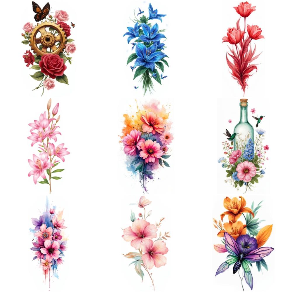 9Pcs Flower Temporary Tattoo Stickers For Women Body Art Fake Tattoo Sexy Rose Butterfly Peony Little Daisy Waterproof Tattoos