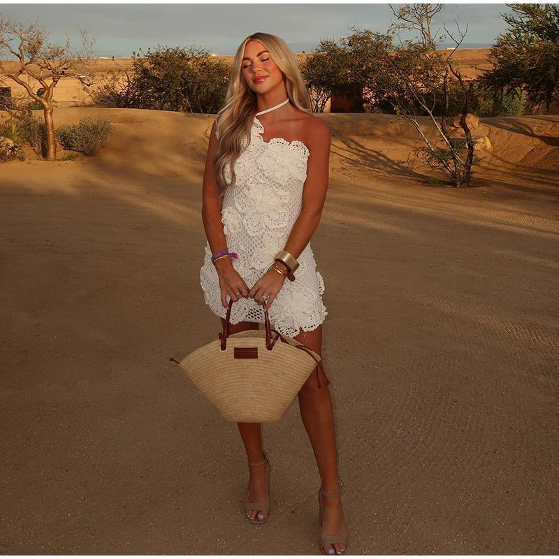 Knitted 3D Flowers Single Shoulder Women Mini Dress Slim Halter Beach Summer Holiday Female Short Robes