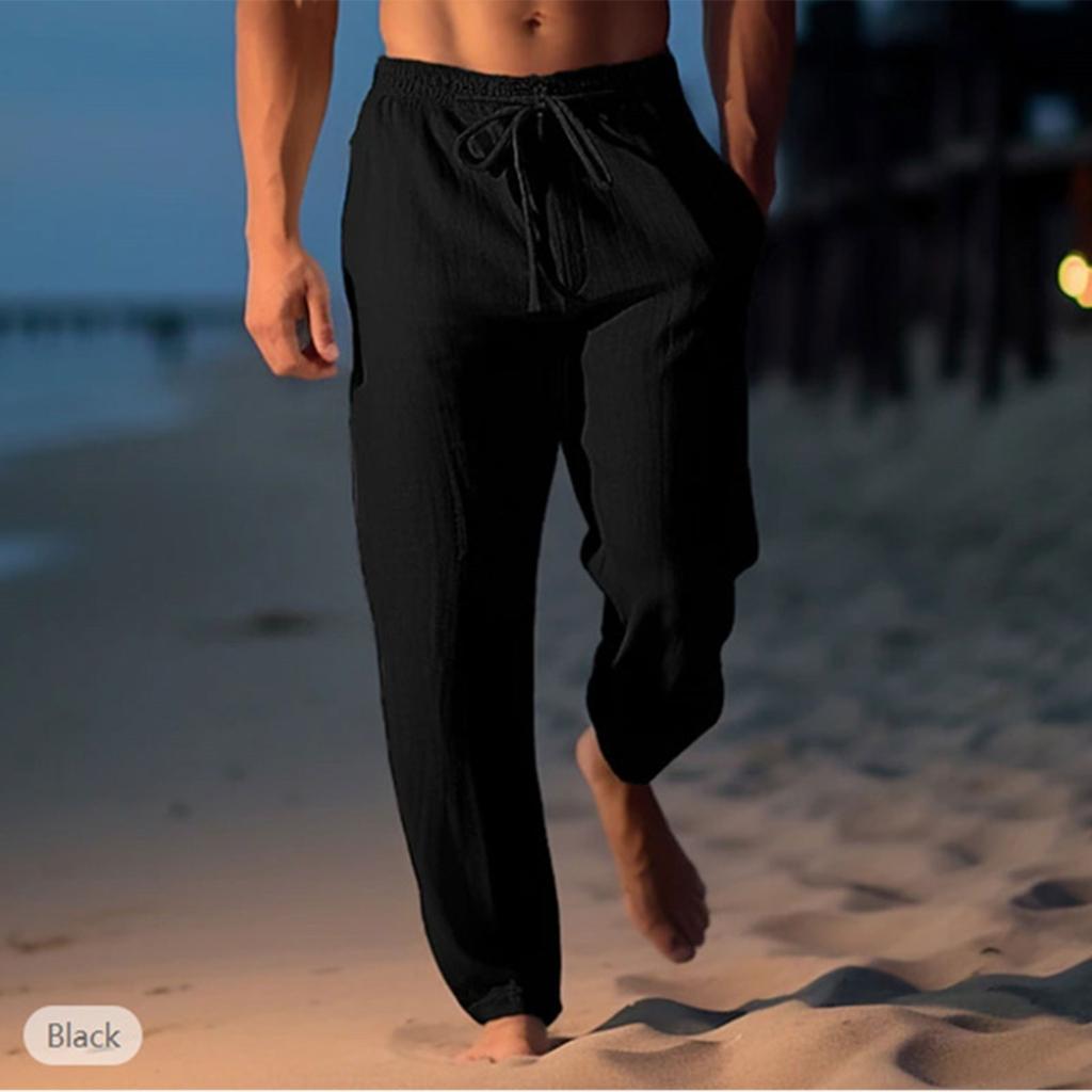 Брюки из хлопка и конопли, летние брюки, пляжные брюки, эластичный пояс на шнурке, прямые штанины, удобные, дышащие, повседневные мужские брюки