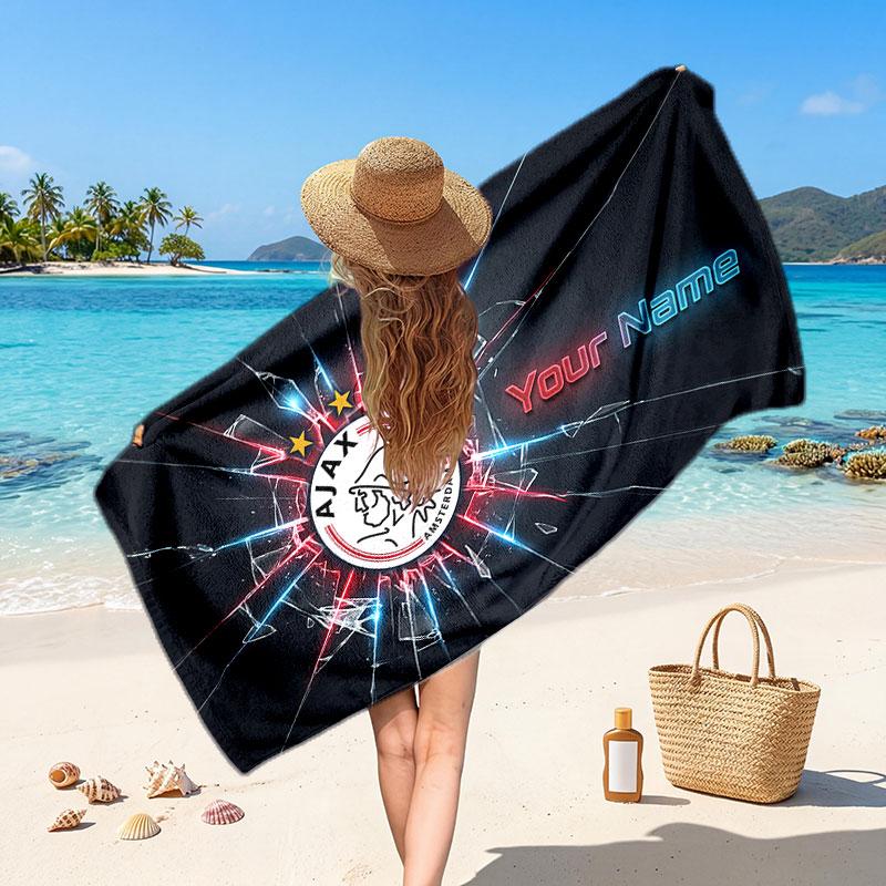 Ajax Amsterdam Custom Beach Towel, Personalized Name Text Print, Football Logo Soft Quick‑Dry Towel Holiday Gift