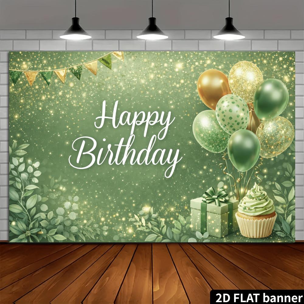 2D planar birthday party banner background with a forest-themed green glitter design, made of durable polyester material