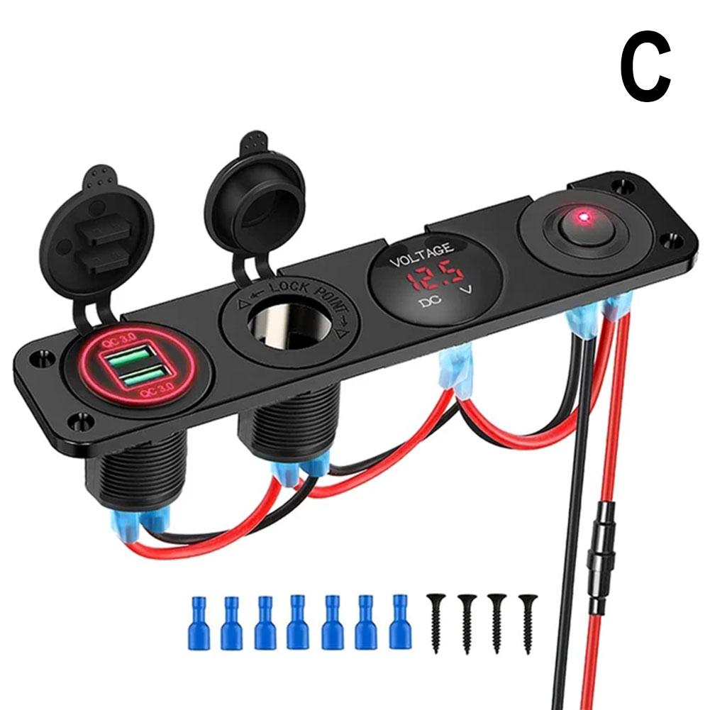 Универсальная автомобильная зарядная панель 4 в 1 - QC 3.0 Dual USB розетка 12 В вольтметр гнездо прикуривателя - тумблер-переключатель