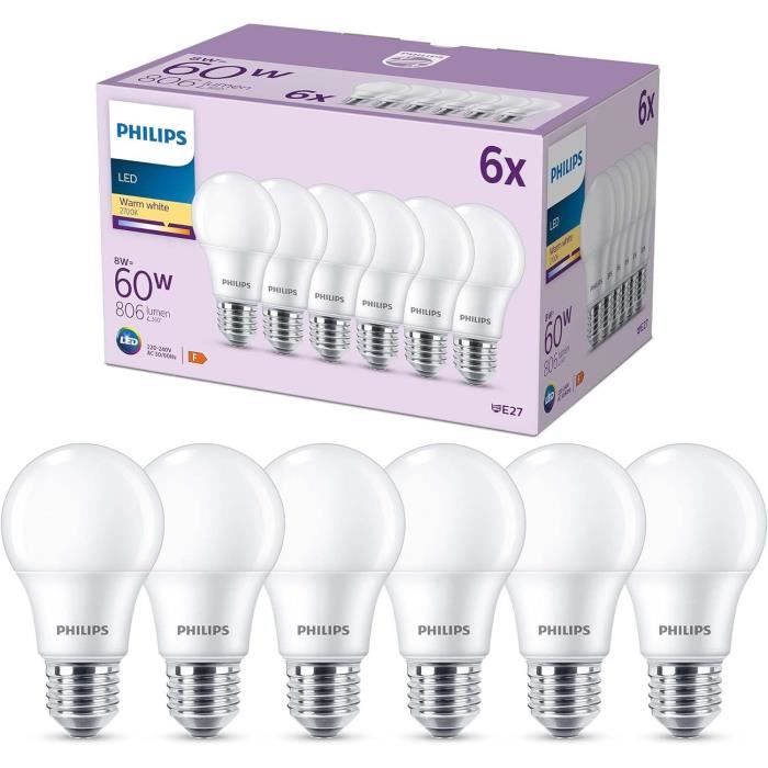 Pack de 6 ampoules LED - PHILIPS - E27 - 60W - Blanc chaud