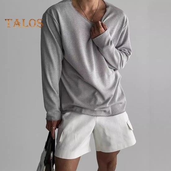 Весна Осень Мужской Топ Круглый вырез Длинные рукава Тонкий Ажурный Однотонный Свободный Пуловер Средней Длины Хип-Хоп Уличная Толстовка