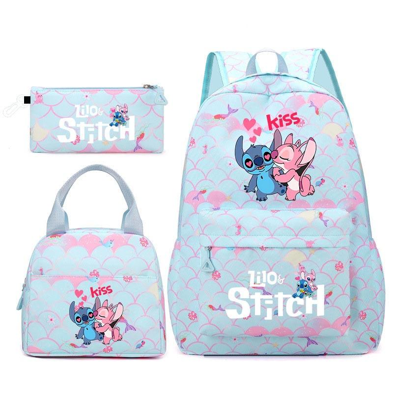 Stitch Student 3-Piece Backpack Set Large Capacity Double Shoulder Bag Cute Cartoon Unisex Durable Waterproof