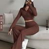 Women S Seamless Knit Tracksuit Set Zip Up Jacket Flared Pants Fall Casual