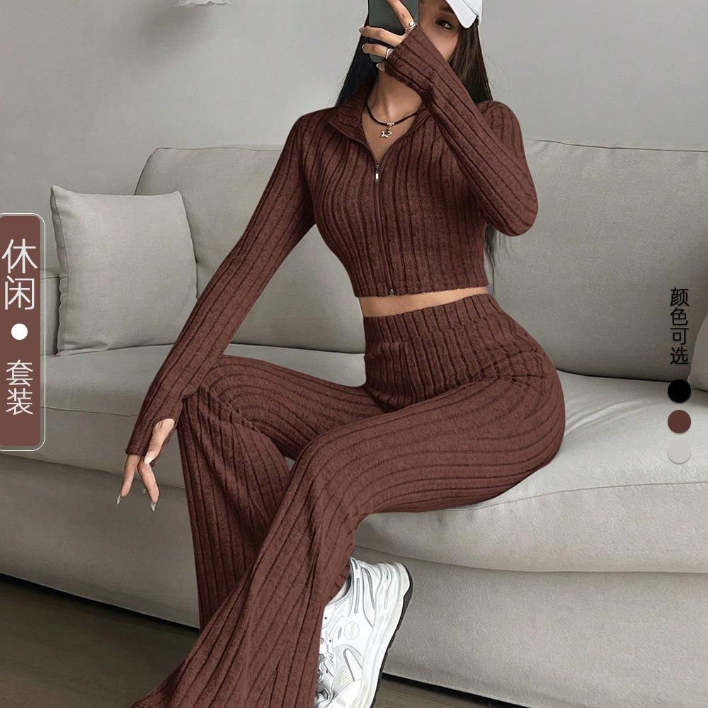 Women S Seamless Knit Tracksuit Set Zip Up Jacket Flared Pants Fall Casual