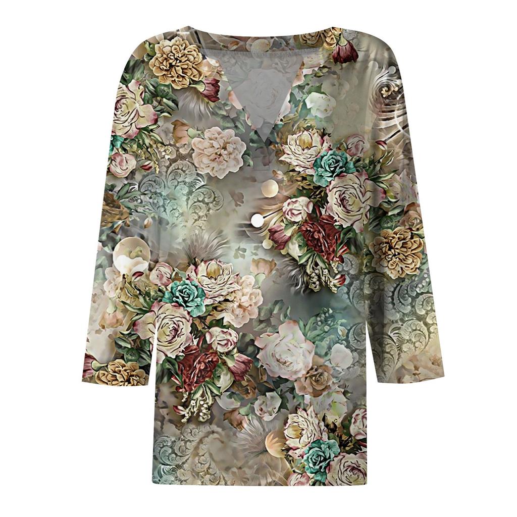 Women's T Shirt Tee Print Button  3/4 Sleeve Daily Weekend Fashion Basic V- Neck Regular Top