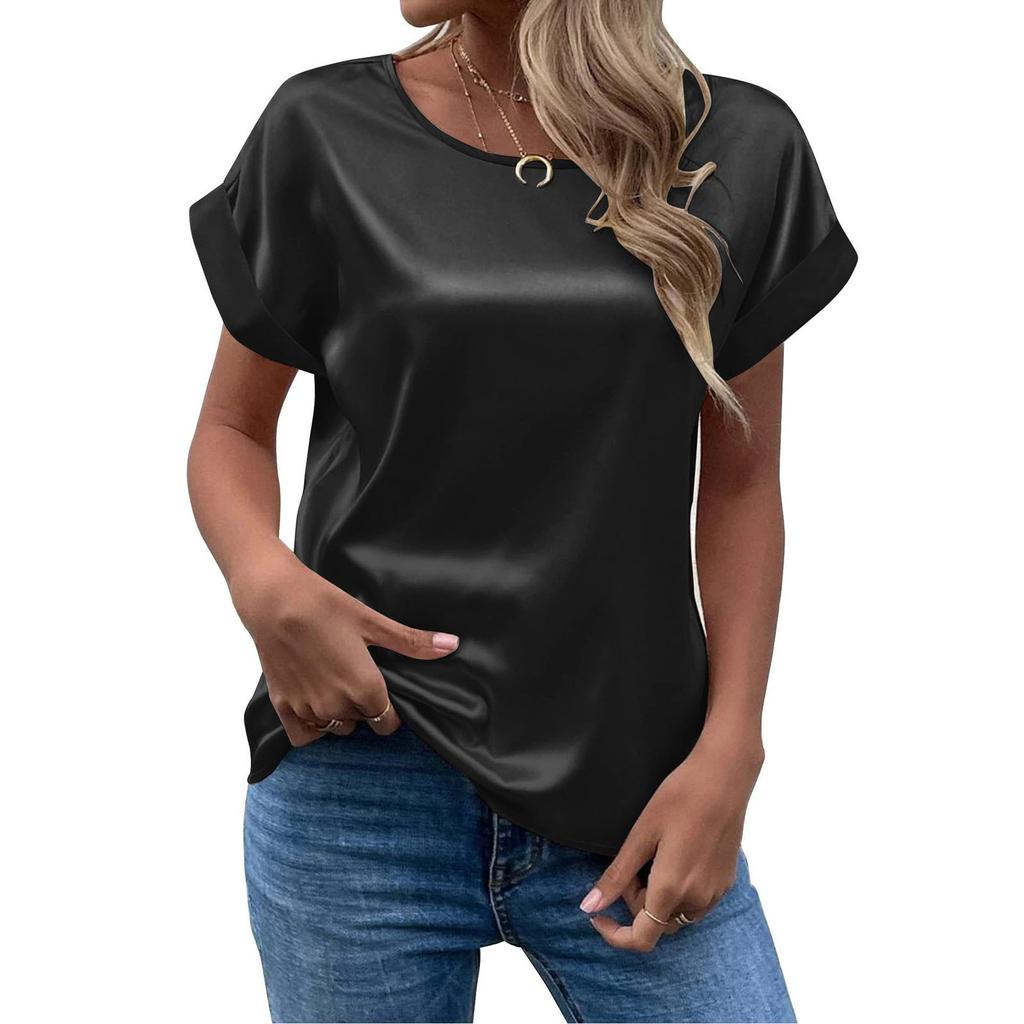 Women's T-Shirt Summer Elegant Solid Round Neck Rolled Short Sleeve Satin Silk Blouse Tops