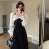 Темпераментное женское платье с длинными рукавами в стиле Хепберн, тонкая, с высокой талией, черная длинная юбка с лямкой на шее, плиссированная молния с дизайном