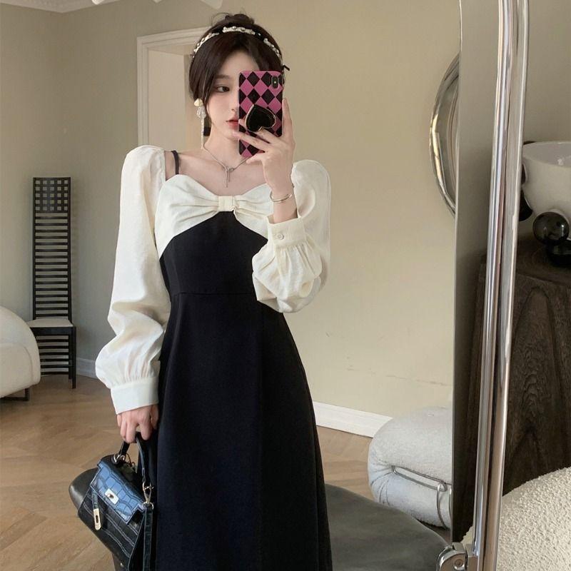 Темпераментное женское платье с длинными рукавами в стиле Хепберн, тонкая, с высокой талией, черная длинная юбка с лямкой на шее, плиссированная молния с дизайном