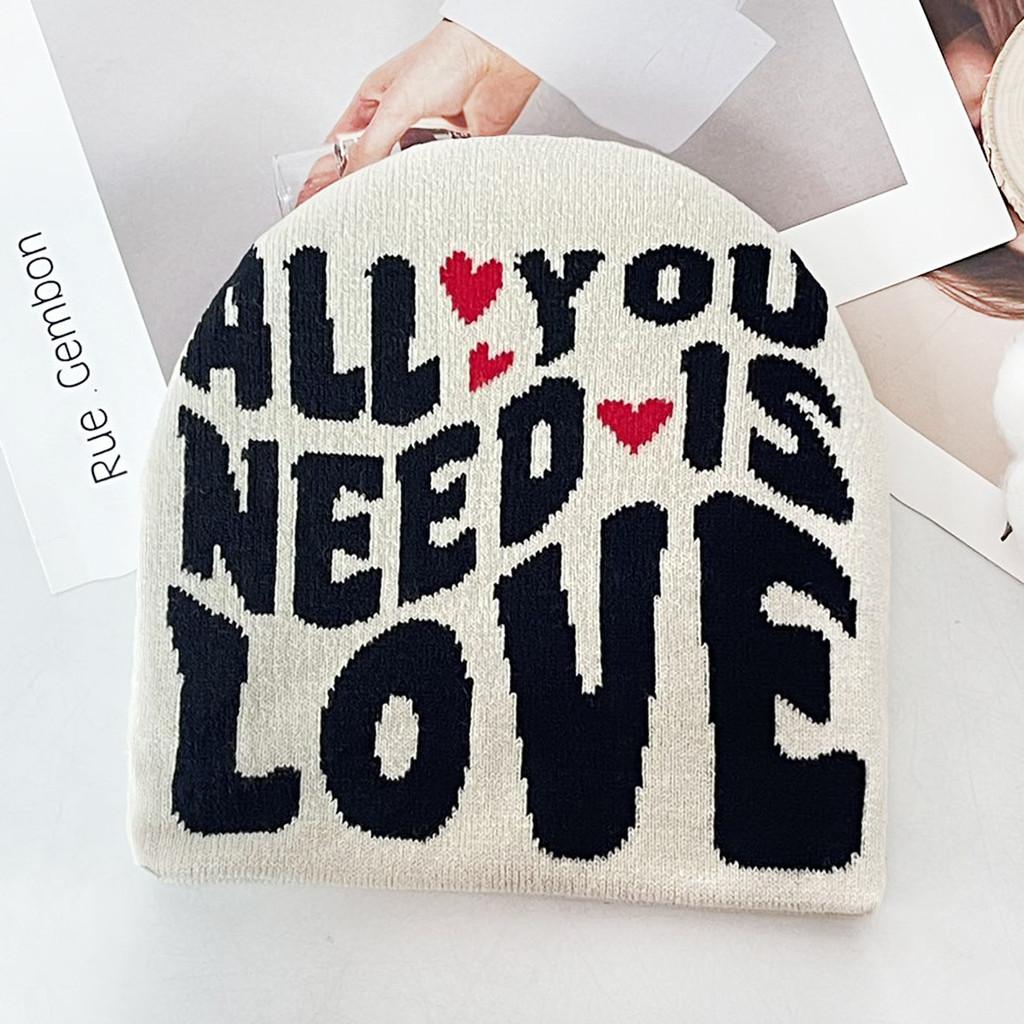 Blocked Simple Color Letter And Heart Pattern Women Casual Warm Hat Knitted