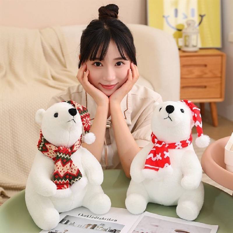 Polar Bear Christmas Plush Toy With Short Hair For Holiday Gift And Kids Room Decor