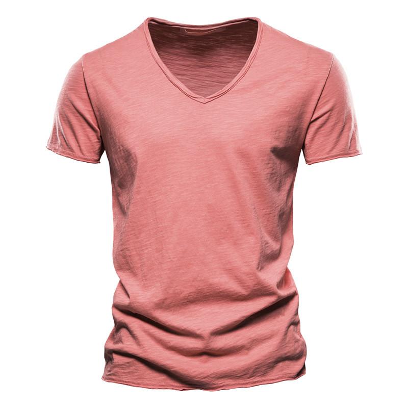 Summer Men Top Tee Solid Color Bamboo Cotton V-neck Short Sleeve T-shirt Pure Cotton Men's Clothing