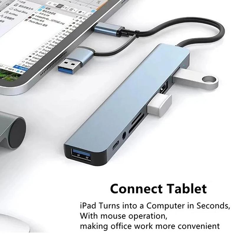 USB C Хаб USB Разветвитель 8 в 1 USB Удлинитель с 4 USB портами 1 портом USB-C Картридер TF/SD Аудиовыход Совместим с Macbook