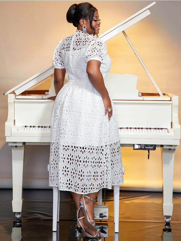 AOMEI White Lace Dresses Women Short Sleeve Hollow Out High Waist A Line Midi Casual Work Party Gowns