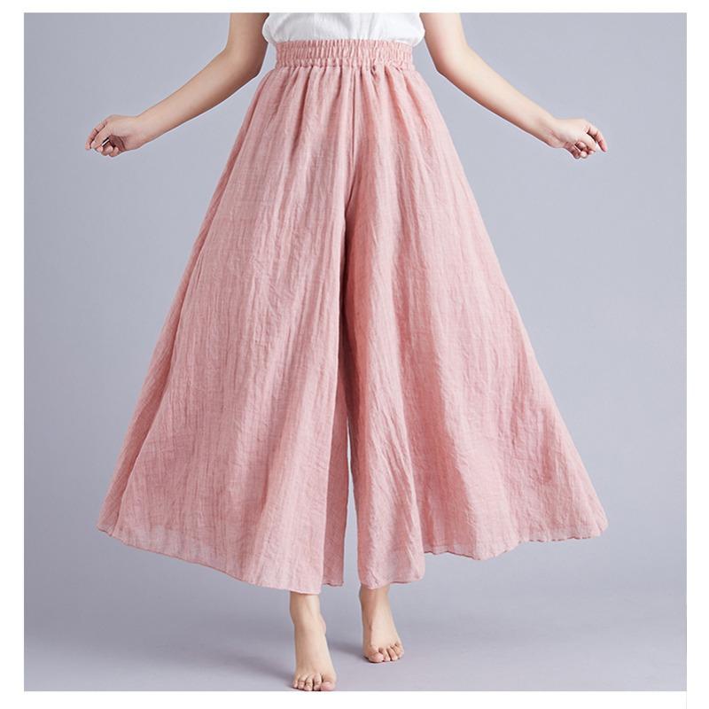 Летние женские брюки Художественные Большого размера Хлопковые и льняные Брюки-юбка с широкими штанинами Льняная юбка Эластичная талия Однотонные Этнический стиль Брюки-юбка