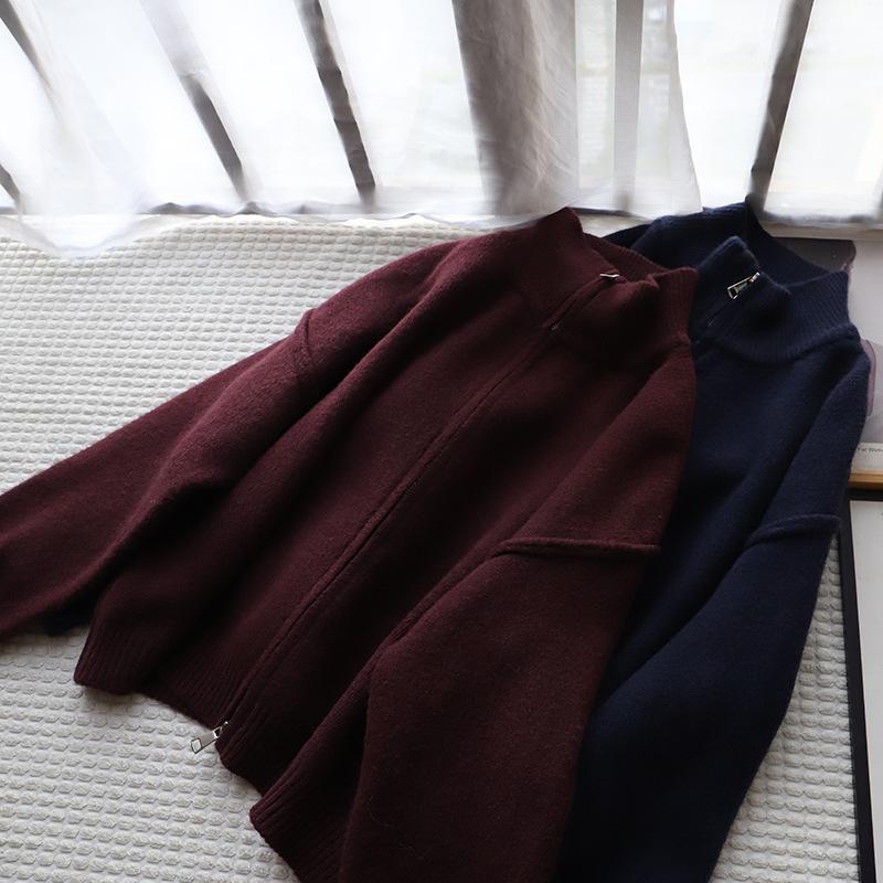 Stand-up collar double zipper knitted cardigan women's 2024 autumn and winter new loose versatile solid color premium sweater jacket