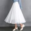 Women Midi Skirt Elastic High Waist Long Skirt with Solid Mesh Hem Solid Color A-Line Skirt Daily Wear