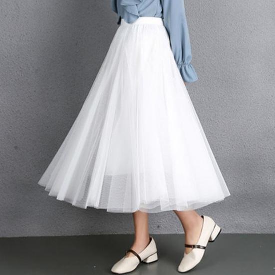 Women Midi Skirt Elastic High Waist Long Skirt with Solid Mesh Hem Solid Color A-Line Skirt Daily Wear