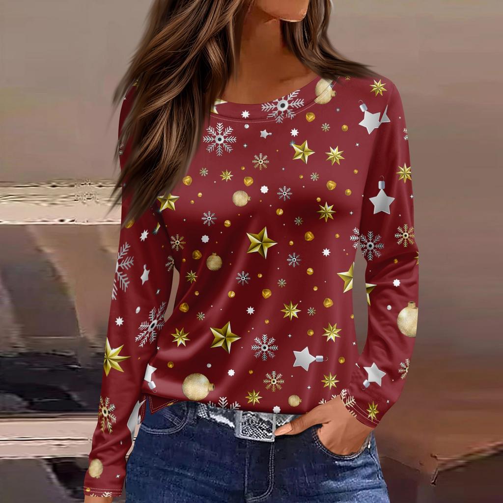 Women's Fashion Casual Slit Hem Round Neck Long Sleeve Loose Printed T-Shirt Ladies Top Christmas