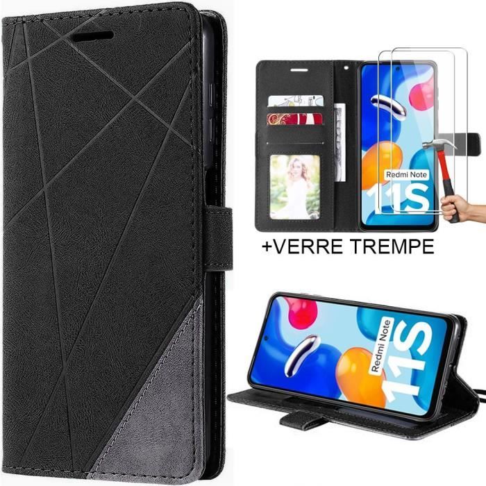 Coque Effet Cuir pour Xiaomi Redmi Note 11S Housse Antichoc Noir + 2 Verres Trempés