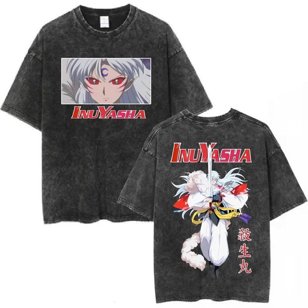 Top Retro Washed Anime "Inuyasha" Pattern T-shirts for Men and Women Short-sleeved Loose Cotton Tops Ins