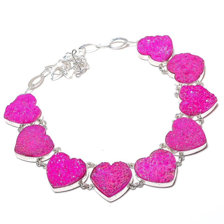 Natural Pink Titanium Druzy Necklace 18" Adjustable Chain Heart Cut Jewelry Gift