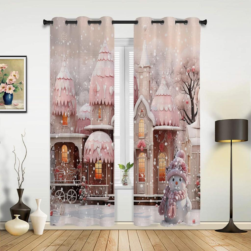 Christmas Tree Snowman Snowflake Pink Window Curtains Decor For Home Bedroom Kitchen Living Room Ornament Xmas Gifts Navidad