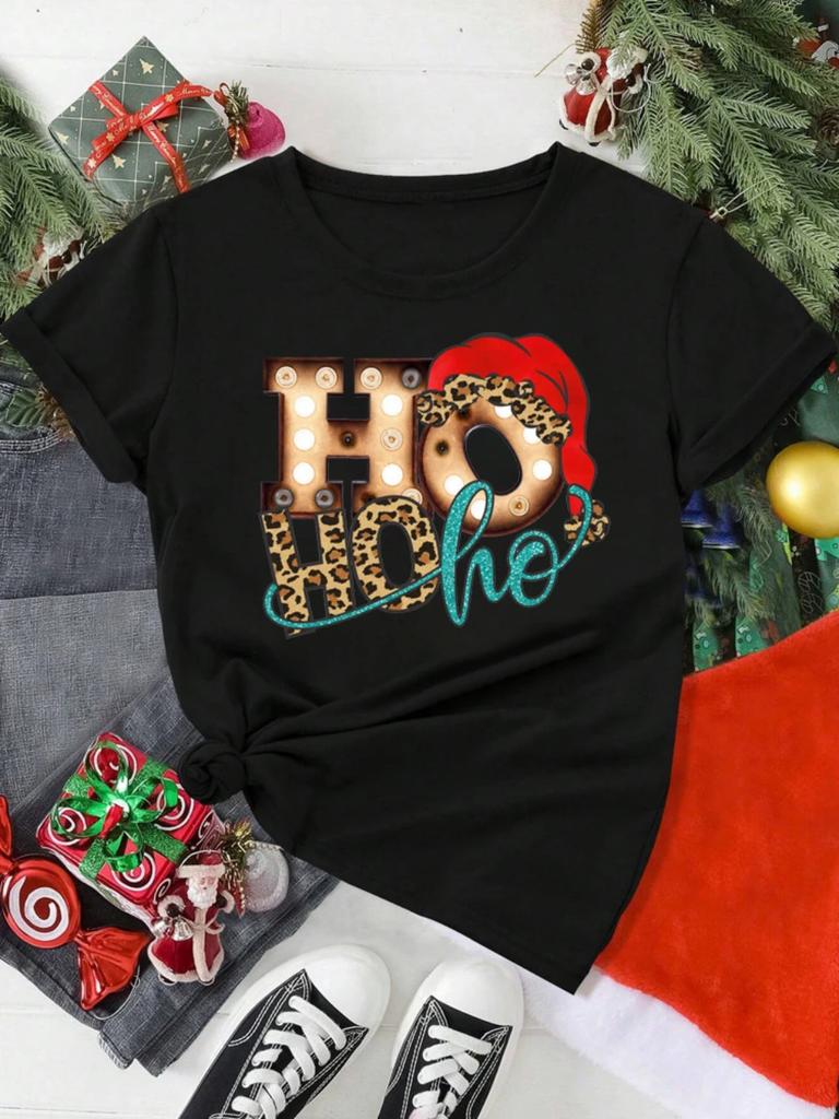 HO HO HO Christmas Hat Pattern Tshirt Loose Breathable Holiday Activities Shortsleeved Tshirt Unisex Women Unisex Casual Tops