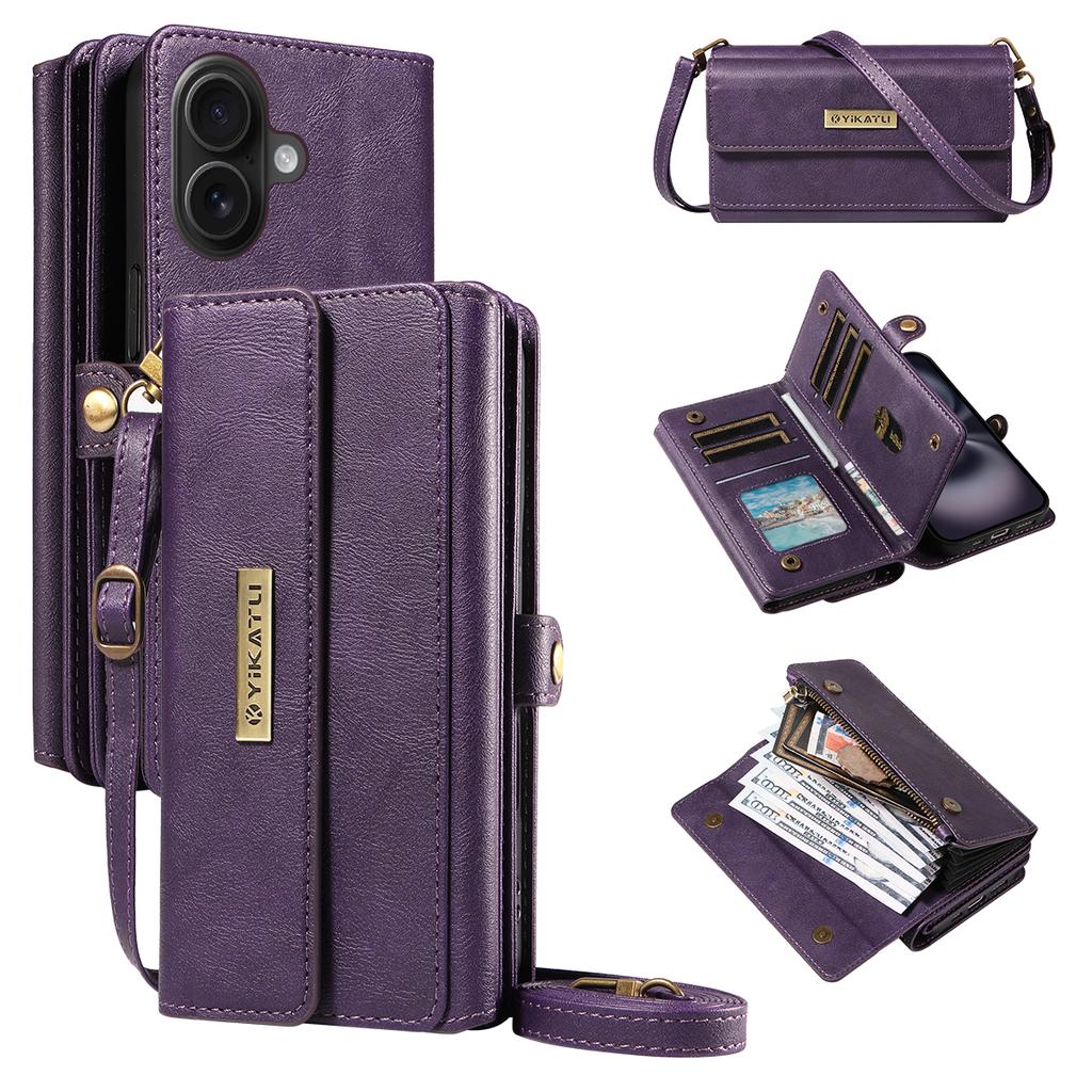 For iPhone 16 Plus Case YIKATU YK-008 Zipper Wallet Leather Phone Cover with Shoulder Strap