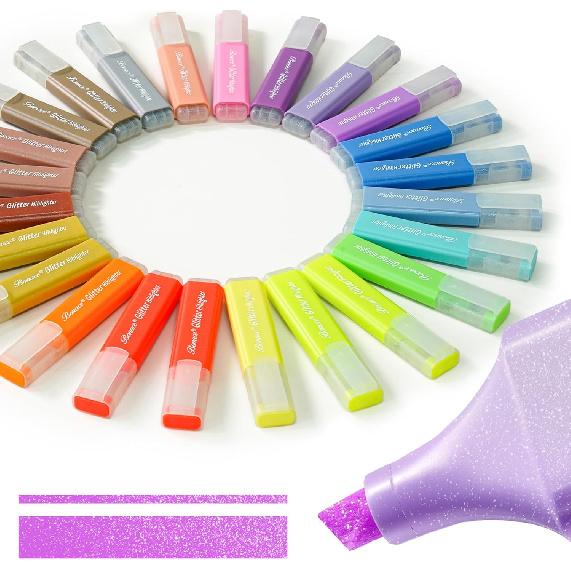 Gold Glitter Highlighters - Chisel Tip, No Bleed, Assorted Colors - 6 Pack Metallic Colors Cute Highlighter Markers, Pastel Highlighters for