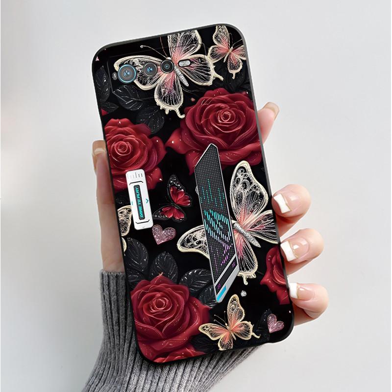 For Asus ROG 6 Case For ROG Phone 6 Pro / 6D Fashion Butterfly Flowers Bumper Soft Black Silicone Cover For Asus ROG6 ROG6D Case