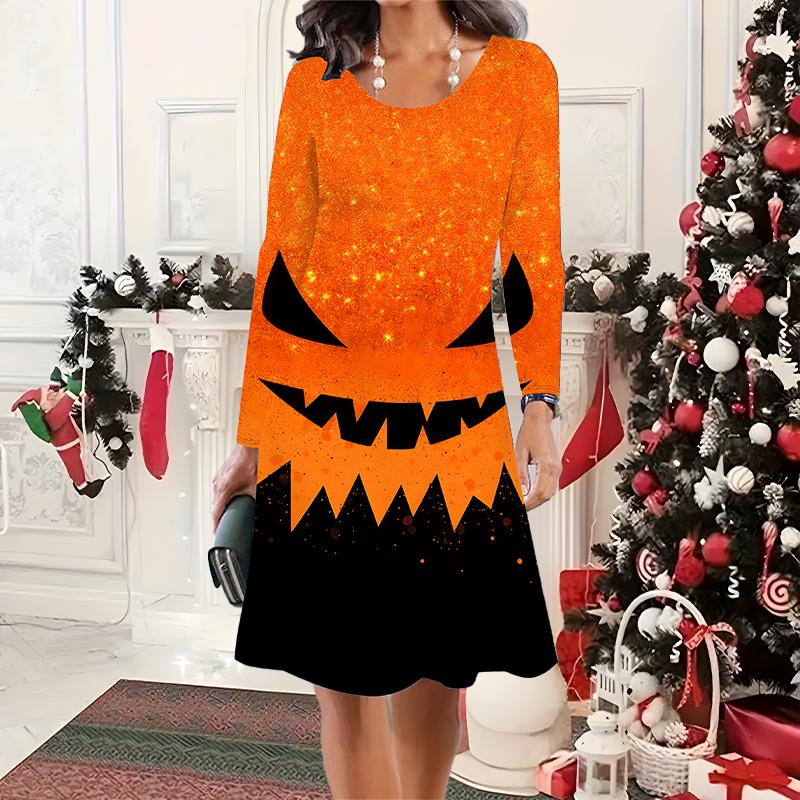 2025 Autumn & Winter Women's New Casual Crew Neck Dress 3D Halloween Pattern Ideal Halloween Christmas Gift