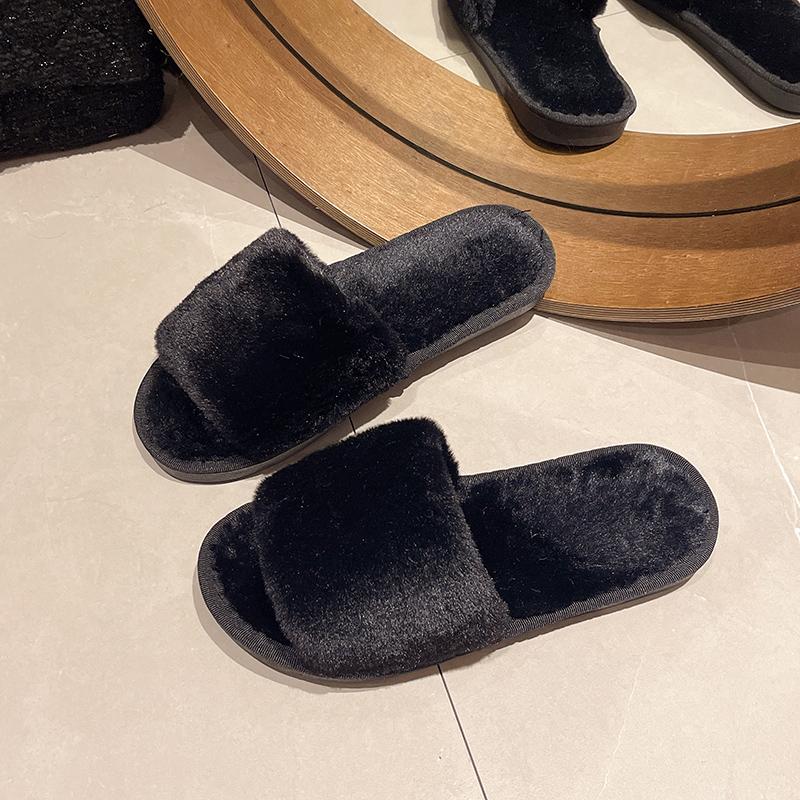 Women House Autumn Winter Furry Slippers Non-Slip Casual Indoor Flats Solid Colors Floor Shoes Ladies Flip Flops Warm Shoes