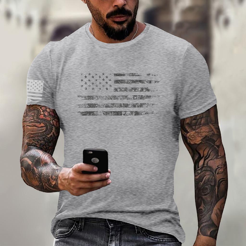 Men's Fashion Casual Short Sleeve Round Neck Independence Day Flag T-Shirt Top