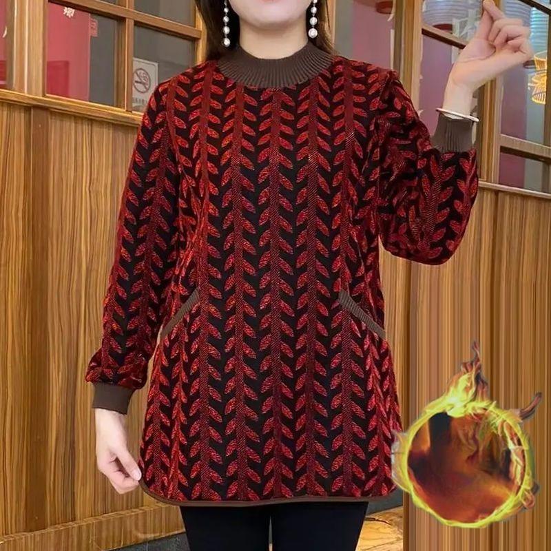 Winter Warm Thick Basic Wear Elegant Office Lady Casual Print Retro Vintage Ruffles Velvet Tops Blouse