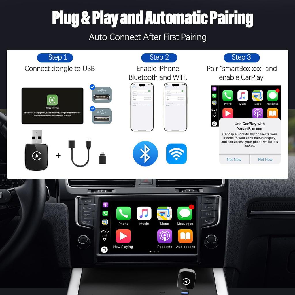2-in-1 Wireless Android Auto Adapter, Plug Play Converts Wired To Wireless, Fast Auto-Connect, No Delay