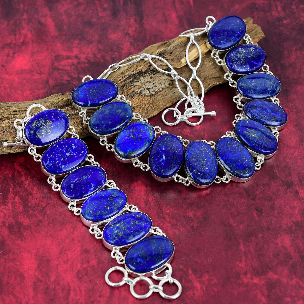 Lapis Lazuli Gemstone Jewelry, 925 Solid Sterling Silver Bracelet&necklace Jewelry Set For Her, Gorgeous Handmade Big Silver Set For Women