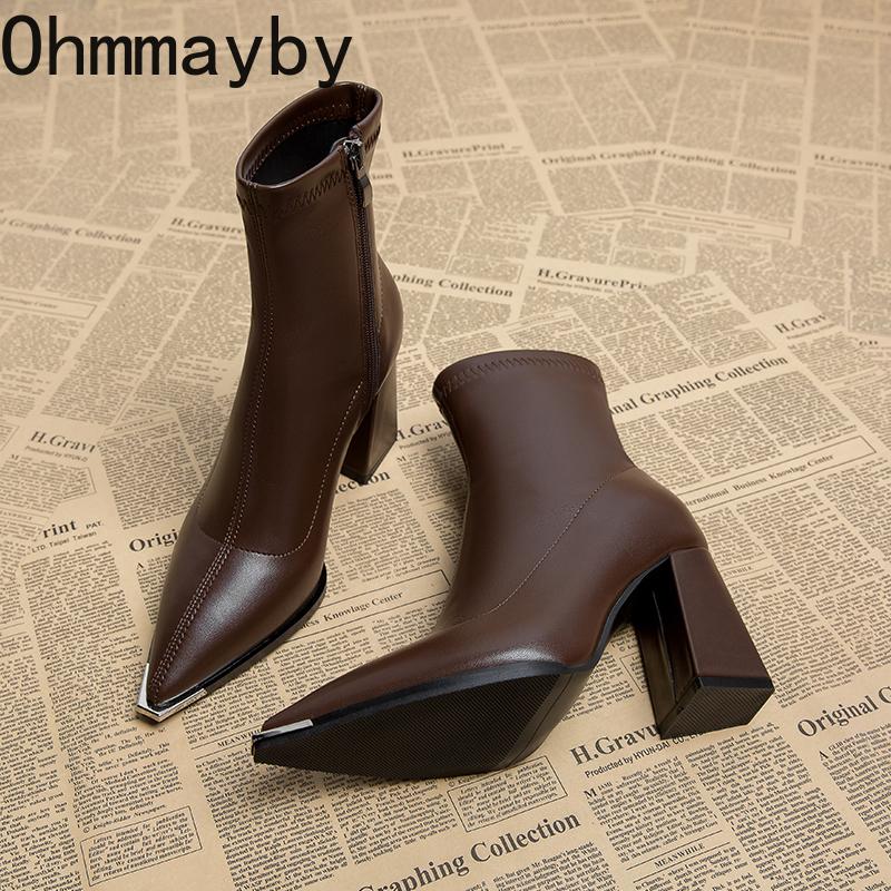 Autumn Winter Pointed Toe Women Thick Heel Ankle Boots Street Style Banquet Party Short Botas Mujer