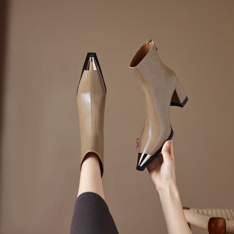 Fashion New Autumn Winter Genuine Leather Women Shoes Fashion Metal Square Toe Boots for Women Chunky Heels High Heels Boots Ankle Boots