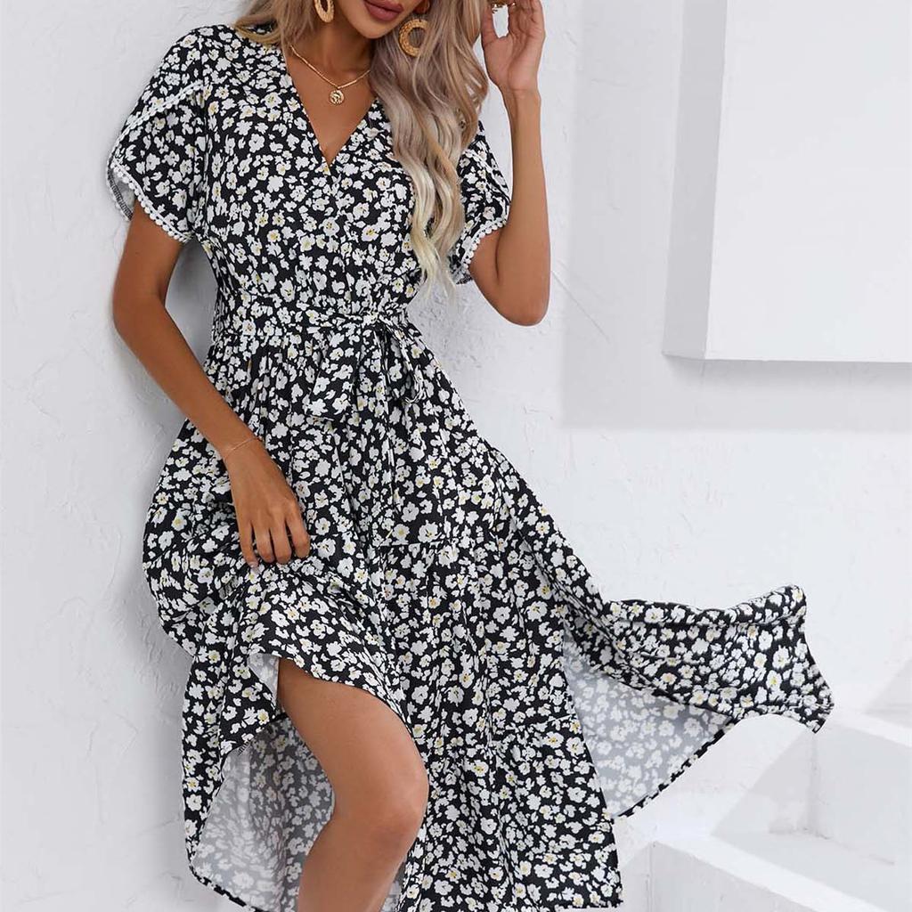 QICED Women's Fashion Summer Spring Floral Print Short Sleeve V-Neck Casual Dresses
