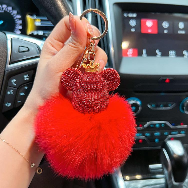 Luxurious Diamond-Studded Bear Keychain with Real Fox Fur - Stylish Accessory and Thoughtful Gift