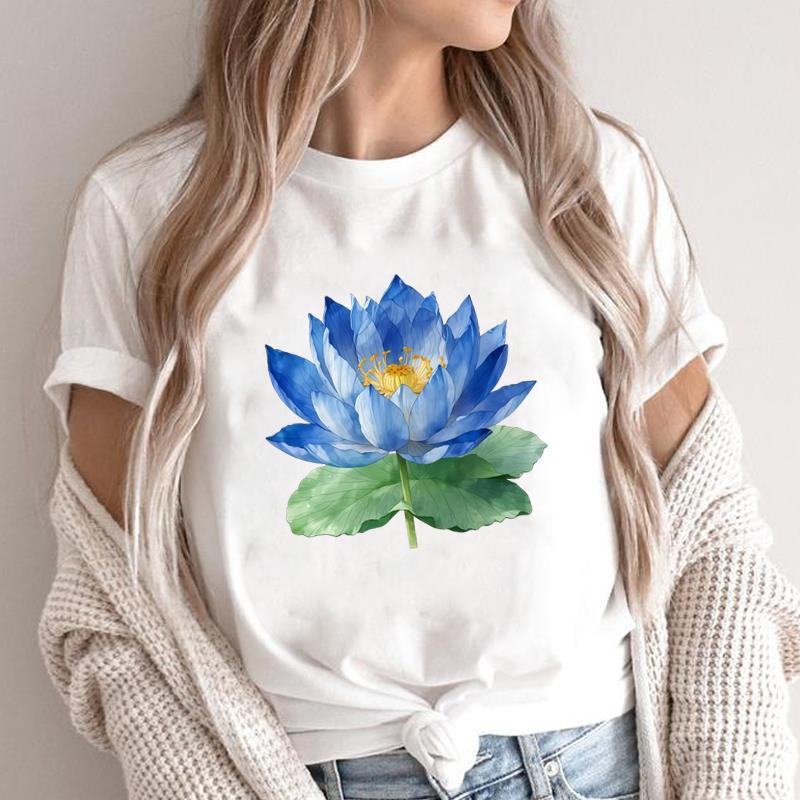 (Азиатский размер) T-shirt с графическим принтом леопардовых цветов для женщин, топ с круглым вырезом, модный принт, повседневные футболки с коротким рукавом
